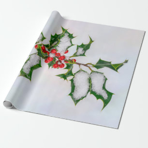 Papier Cadeau Ilex Red Christmas Holly Berries in Winter Snow —
