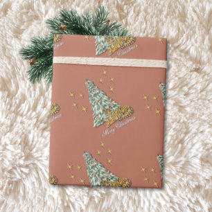 Papier Cadeau Illusion Dimensionnelle Vintage Tigre Rose Noël