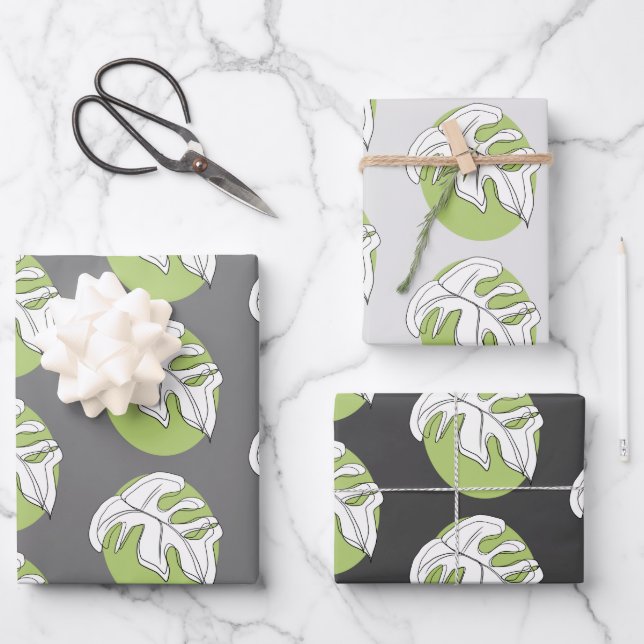 Papier Cadeau Illustration abstraite de feuille de Monstera gris (Recto)