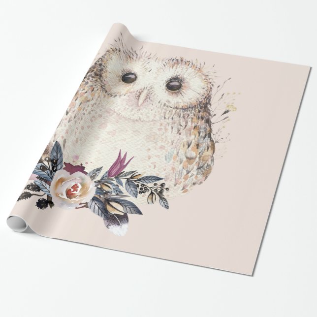 Papier Cadeau Illustration animale de Boho de hibou en pastel (Déroulé)