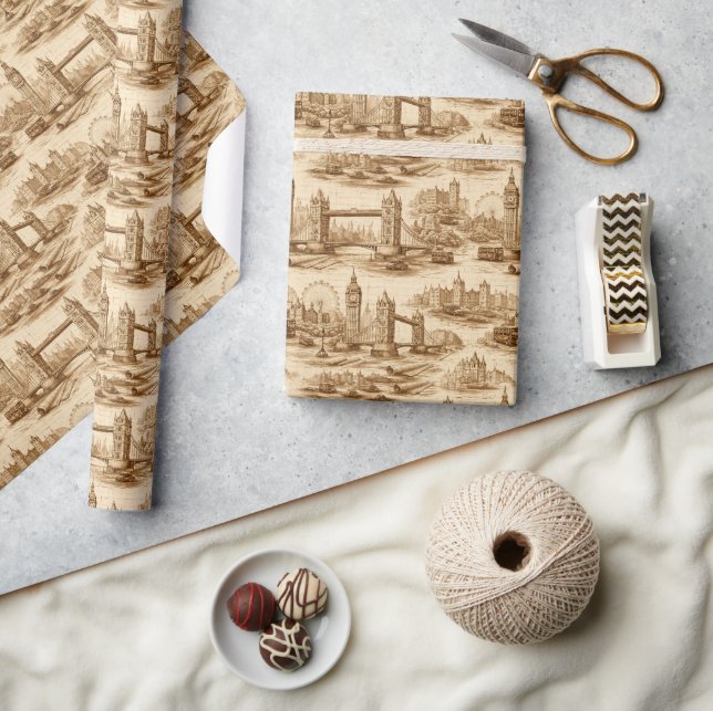 Papier Cadeau Illustration architecturale de Londres marron vint (Artisanat)