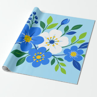 Papier Cadeau Illustration botanique florale bleue et blanche