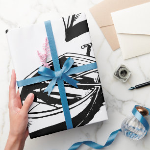 Papier Cadeau Illustration de bateau à rames noir et blanc nauti
