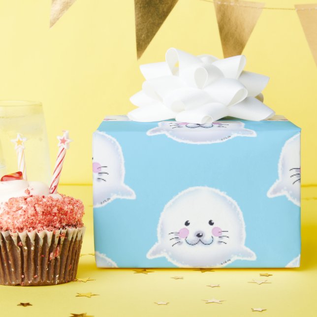 Papier Cadeau Illustration de bébé phoque mignon et duveteux (Fête d'anniversaire)