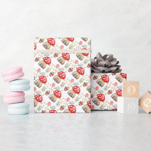 Papier Cadeau Illustration de champignons rouges mignons à l'aqu (Baby Shower)