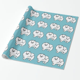 Papier Cadeau Illustration de chien Pomeranian blanc sur fond bl