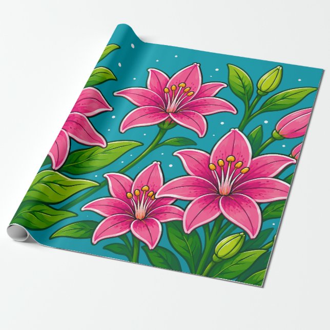 Papier Cadeau Illustration de fleurs de lys roses avec feuillage (Déroulé)