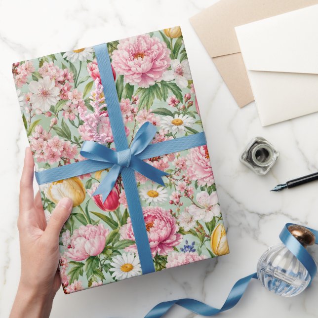 Papier Cadeau Illustration de fleurs printanières colorées (Cadeaux)