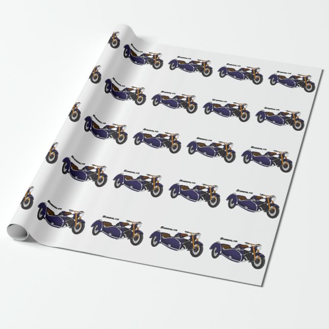 Papier Cadeau Illustration de moto violette avec side-car (Déroulé)