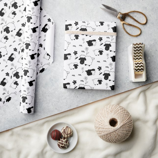 Papier Cadeau Illustration de moutons mignons noir et blanc (Artisanat)
