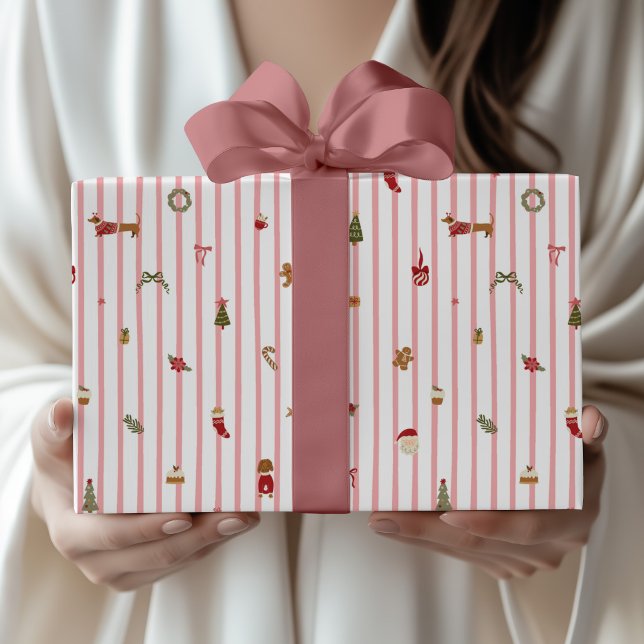 Papier Cadeau Illustration de Noël à rayures roses modernes (Créateur téléchargé)