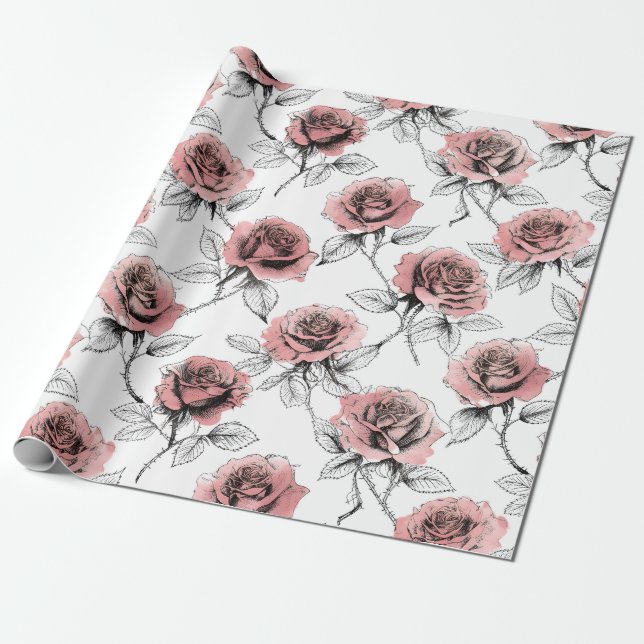 Papier Cadeau Illustration de roses roses pour la Saint-Valentin (Déroulé)
