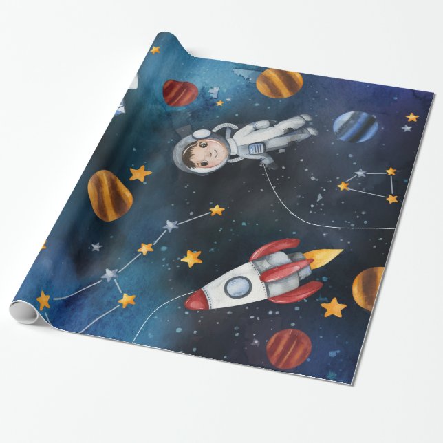 Papier Cadeau Illustration d'un astronaute Motif de l'espace ext (Déroulé)