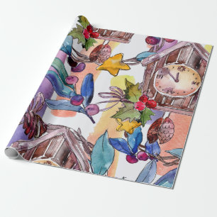 Papier Cadeau Illustration festive de Noël à l'aquarelle