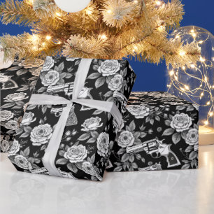 Papier Cadeau Illustration florale vintage Revolver noir blanc