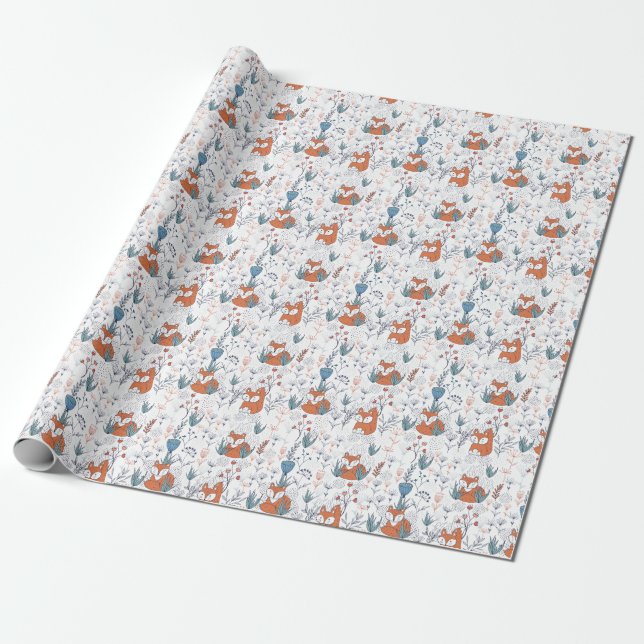 Papier Cadeau Illustration forestière de l'enfant, renards et fl (Déroulé)