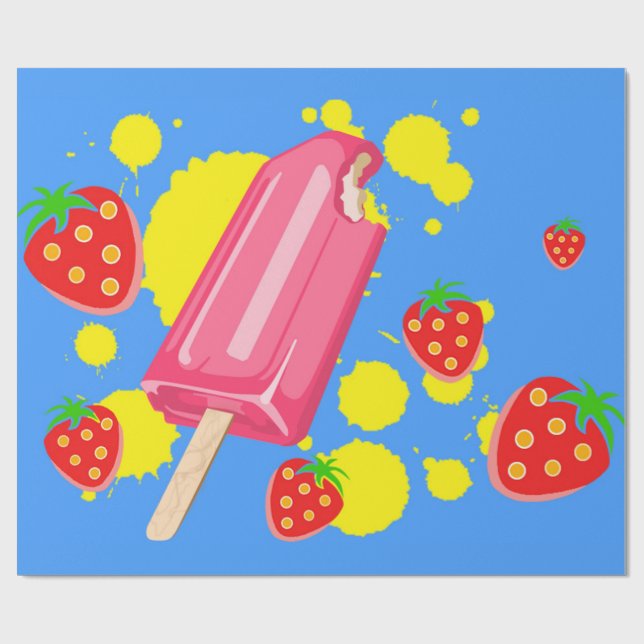 Papier Cadeau Illustration Fun Pink Popsicle and Strawberries (Plat)