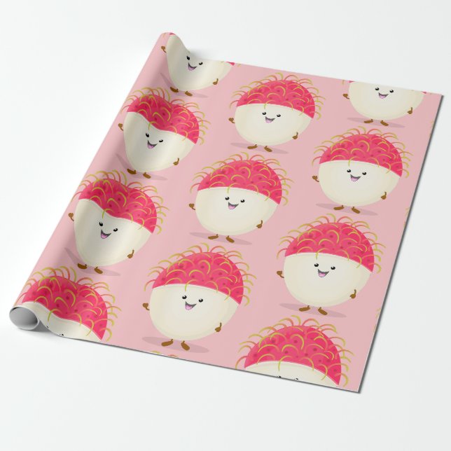 Papier Cadeau Illustration mignon du ramboutan rose (Déroulé)