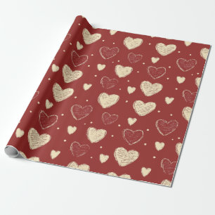 Papier Cadeau Illustration Motif Beige-Coeur rouge dessinée à la