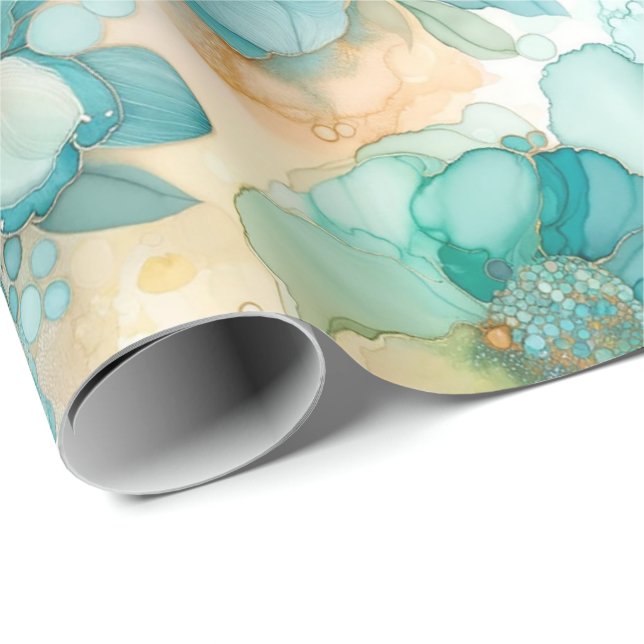 Papier Cadeau Illustration turquoise de l'encre d'alcool jaune (Coin rond)