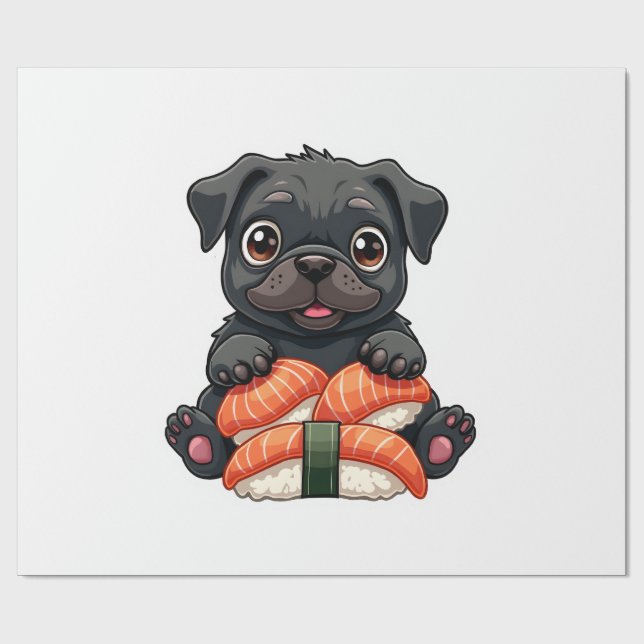 Papier Cadeau Illustration vectorielle de sushi de pug noir mign (Plat)