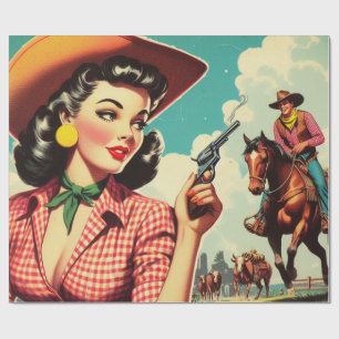 Papier Cadeau Illustration vintage Pulp Cowgirl