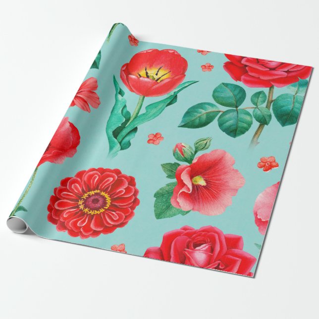 Papier Cadeau Illustrations aquarelles de fleurs rouges. Inséabl (Déroulé)