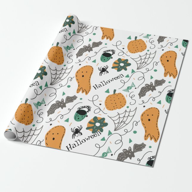 Papier Cadeau Illustrations de doodles d'Halloween de citrouille (Déroulé)