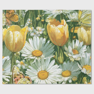 Papier Cadeau Illustrations de marguerites, tulipes et papillons