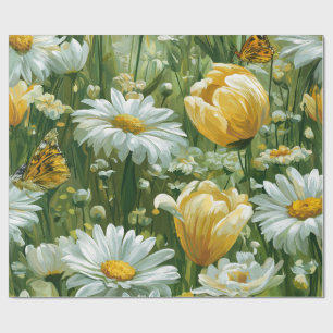 Papier Cadeau Illustrations de marguerites, tulipes et papillons