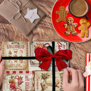 Papier Cadeau Illustrations de Noël rustiques adorables en colla