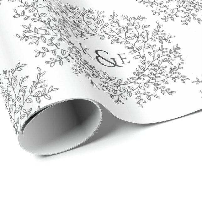 Papier Cadeau Image monogramme feuille dessin gris foncé sur bla (Coin rond)