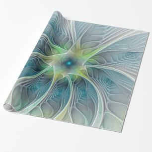Papier Cadeau Imaginaire fleuri Moderne Bleu Vert Fractal Fleur
