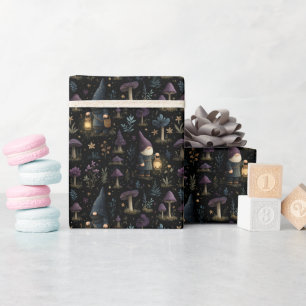 Papier Cadeau Imaginaire foncé Gnome et Motif de champignons