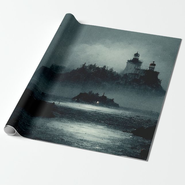 Papier Cadeau Imaginaire Island Lighthouse Misty Foggy Dark Nigh (Déroulé)