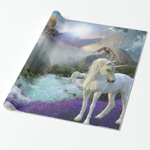 Papier Cadeau Imaginaire magique paysage du dragon de Unicorn