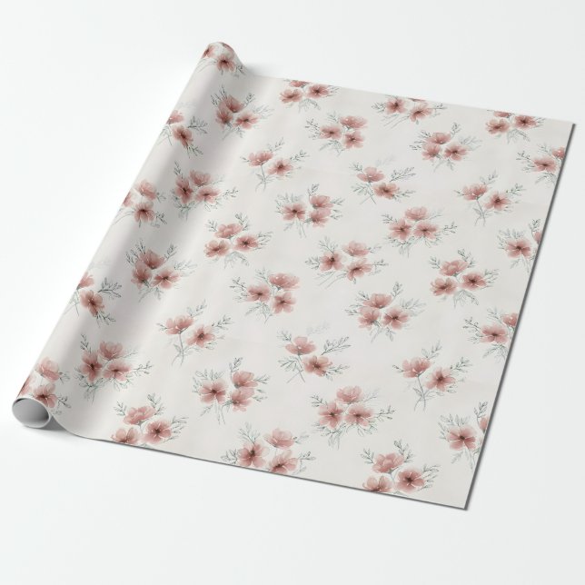 Papier Cadeau Impression botanique de fleurs sauvages rose Cotta (Déroulé)
