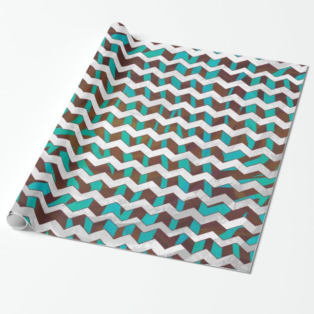 Papier Cadeau Impression Chevron Zèbre Marron et Turquoise (Déroulé)