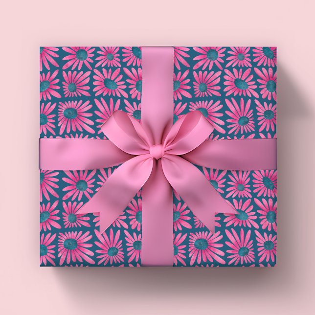 Papier Cadeau Impression de bloc floral moderne rose daisy (Modern block print pink floral retro kitsch wrapping paper rolls.)