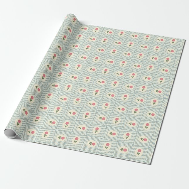 Papier Cadeau Impression de bloc floral rose rayé bleu (Déroulé)