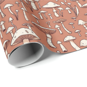 Papier Cadeau Impression de champignon sur marron terracotta