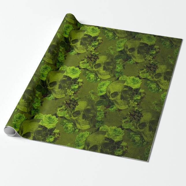 Papier Cadeau Impression de crâne floral gothique Halloween rust (Déroulé)