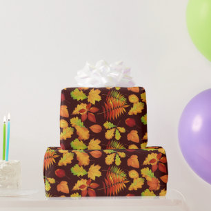 Papier Cadeau Impression de feuille d'automne dorée sur bordeaux
