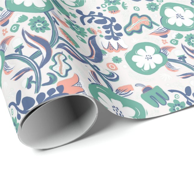 Papier Cadeau Impression florale amusante sur fond blanc (Coin rond)