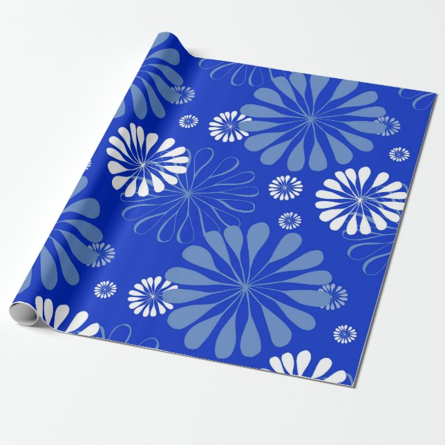 Papier Cadeau Impression florale moderne bleu électrique (Déroulé)