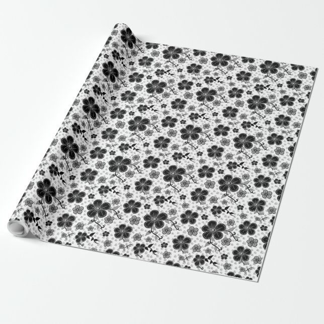 Papier Cadeau Impression florale noir et blanc (Déroulé)