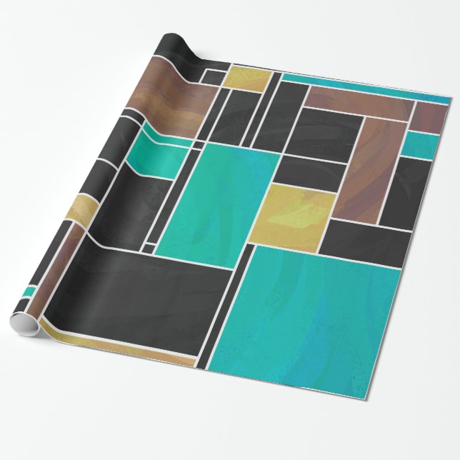 Papier Cadeau Impression Mondrian Brun Sarcelle Noir (Déroulé)