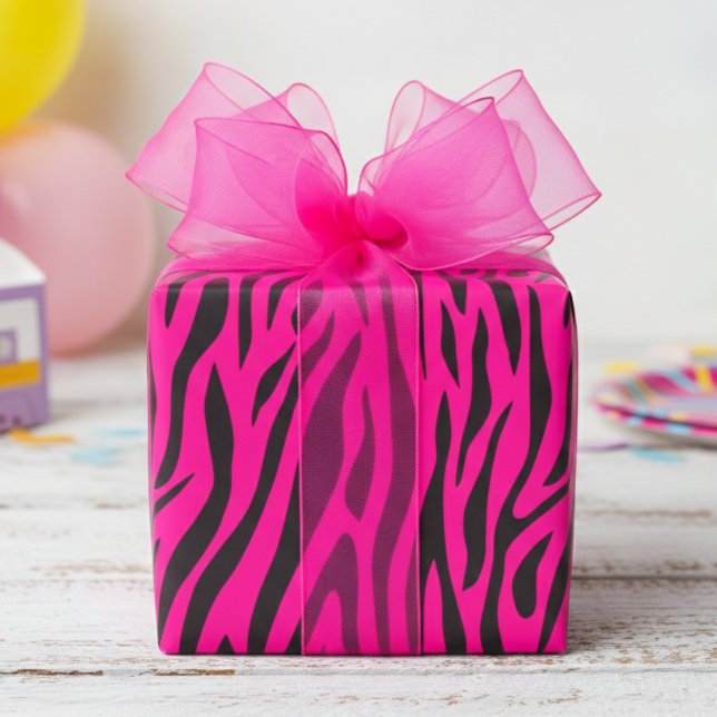 Papier Cadeau Impression Zèbre Rose Fluorescent Petit (Fun Fluorescent Pink Wrapping Paper for Cool 80's Kids Party. Modern Zebra Animal Print Gift Wrap)