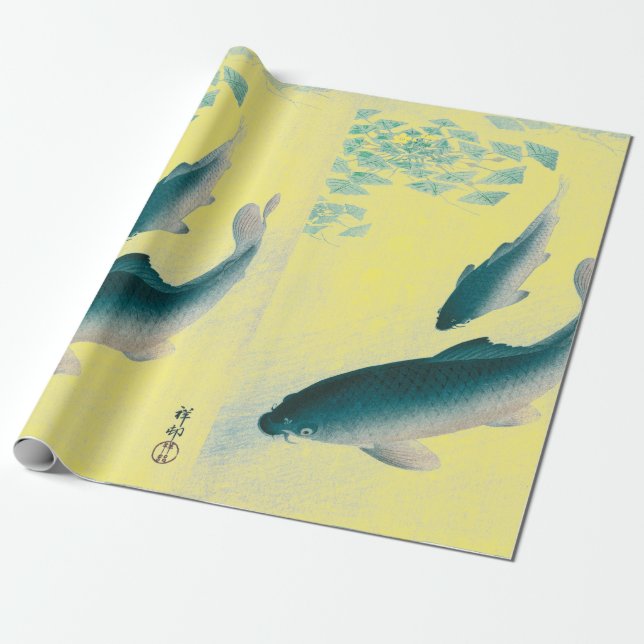 PAPIER CADEAU IMPRIMANTE JAPONAISE DE POISSON BAIGNADE JAUNE (Déroulé)
