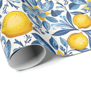 Papier Cadeau Imprimé botanique de citron bleu et jaune d'été
